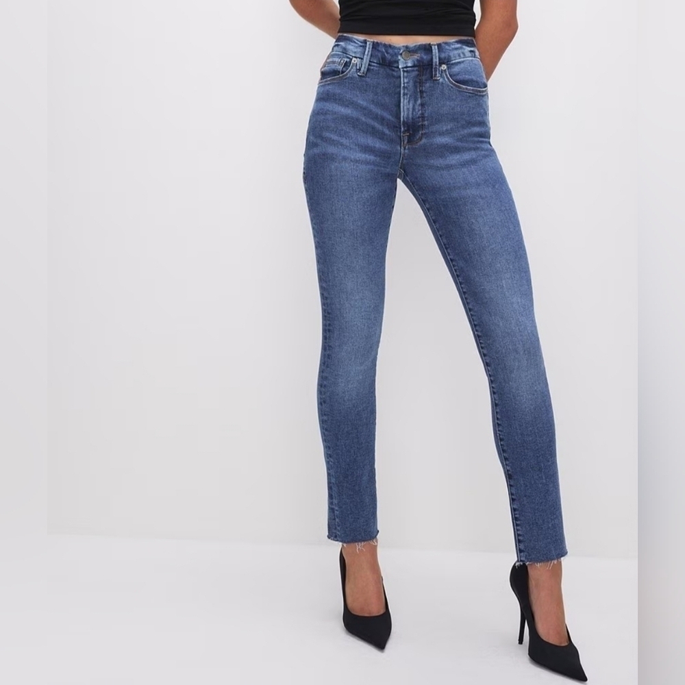 Good American Good Waist Crop skinny jeans 10" Rise raw Frayed Hem Sz 00